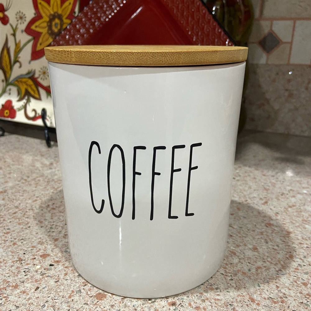 Black and White “COFFEE” Canister Ceramic with Wooden Lid